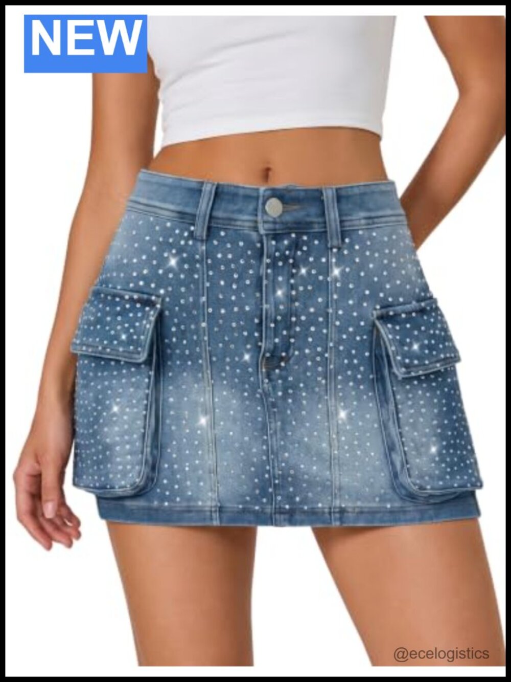 Women's Denim Cargo Skirt Mid Rise Rhinestone Sparkly Mini Skirt